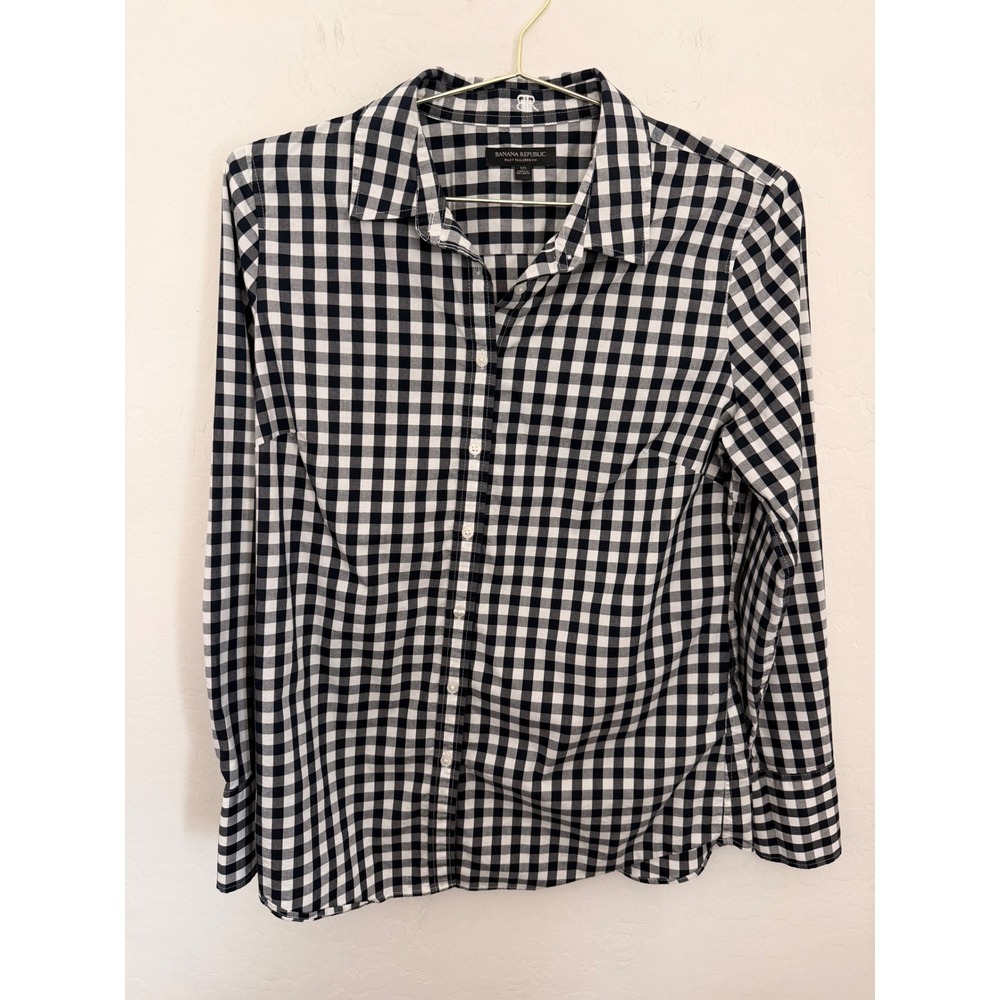 Banana Republic Riley Tailored Fit Gingham Shirt Navy Blue White Womens 10